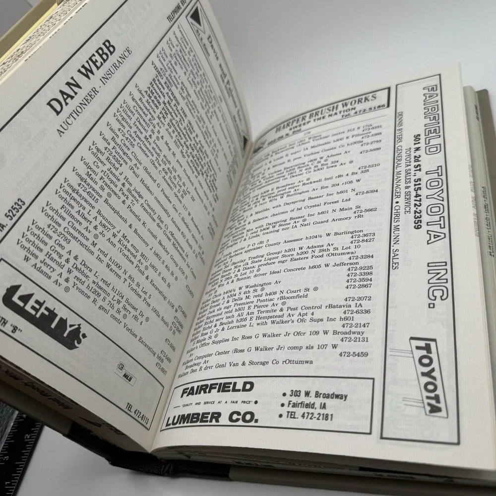 1986 Fairfield Iowa City Business Directory HC Book Phone Advertisements Ads Vtg